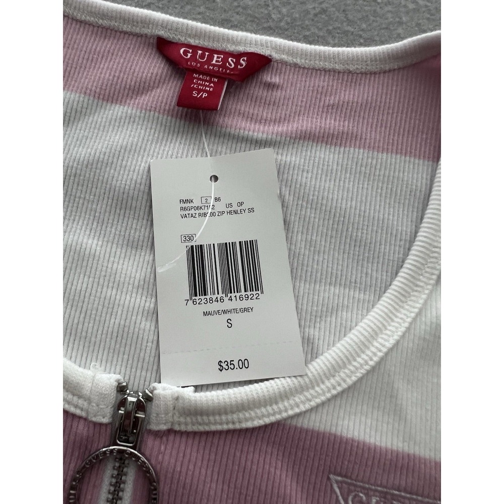 GUESS Womens Ribbed Short Sleeve Top Shirt Scoop Neck Zip Front Pink White Small - Picture 7 of 7